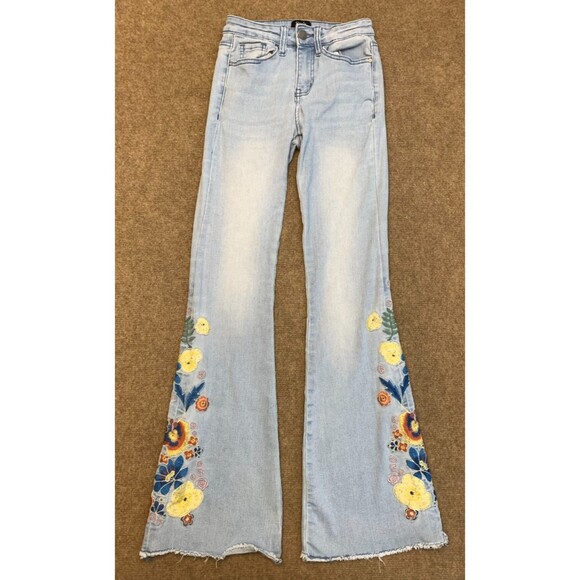 Simple Society Jeans Womens 00/23 Flare Embroidered Floral Festival Boho Stretch - Picture 1 of 8